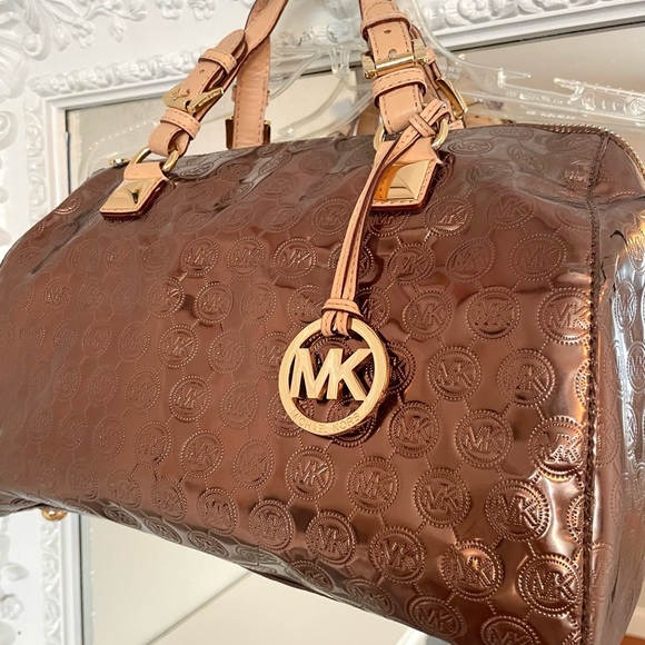 MICHAEL KORS Bronze Signature Logo Patent Leather Grayson Satchel Shoulder Bag - Picture 10 of 12